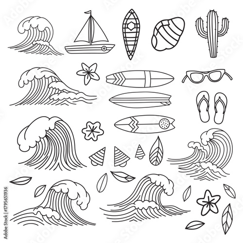 Collection of hand drawn black and white line art illustrations of ocean waves surfboards seashells starfish and beach elements