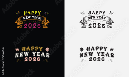 Happy New Year 2026 vector logo set. Trendy typography designs.