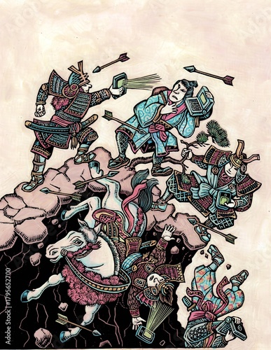 Φωτογραφία ancient japanese or asian warriors with computers and digital devices have a bat