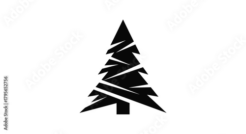 Abstract geometric black pine tree silhouette with sharp angular branches on a white background