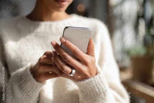 Woman using health app on smartphone with silver smart ring
