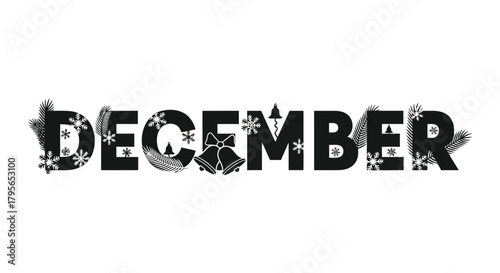 Text december with winter snowflakes and christmas elements in grunge style