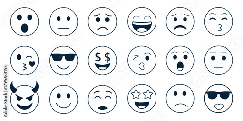 Collection of diverse outline emoji faces expressing various emotions