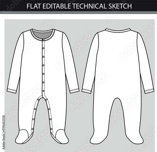 Full length romper illustration of cute baby clothes for boy and girl. Flat sketch