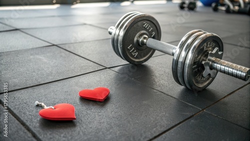 Dumbbell and red heart on gym floor