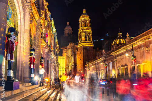 Zacatecas streets at dusk, in winter, with Christmas and New Year lights and decorations