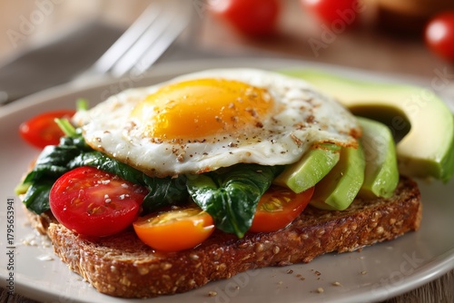 Healthy Breakfast Toast Topped With Avocado, Spinach, Tomatoes, and Fried Egg...
