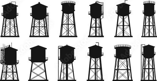 Water tower silhouettes, architectural variation vector illustration, industrial infrastructure 