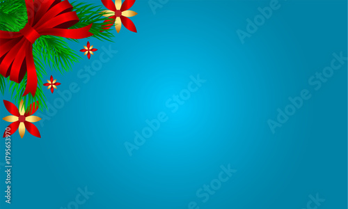 Festive Christmas Decoration with Red Bow and Floral Accents on a Blue Gradient Background