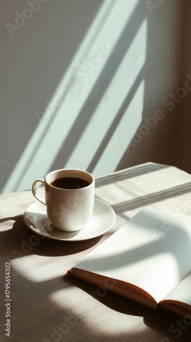 Warm Cup of Coffee Beside an Open Book on a Table With Soft Shadows in the Af...