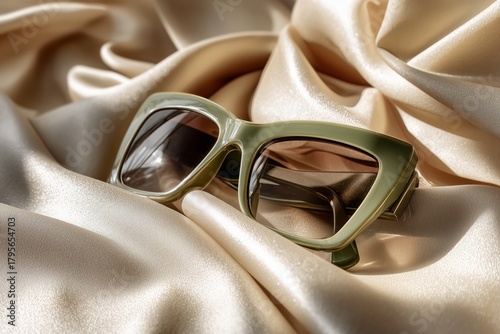 Stylish Green Sunglasses Resting on Smooth Cream Fabric in Soft Lighting