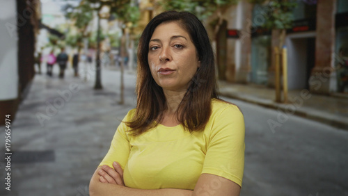 Woman with arms crossed and a steady gaze on a city street lined with trees and storefronts; determination.
