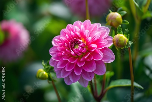 Beautiful Pink Dahlia Flower Blooming in a Lush Garden During the Warm Summer...