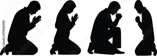 Silhouette, group, of, people, kneeling, in, prayer, devotion, worship, meditation, faith, unity, spiritual, concept, peaceful, illustration, black, figures