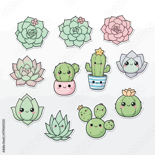 Adorable kawaii succulents and cacti with happy faces bring vibrant charm to any design project
