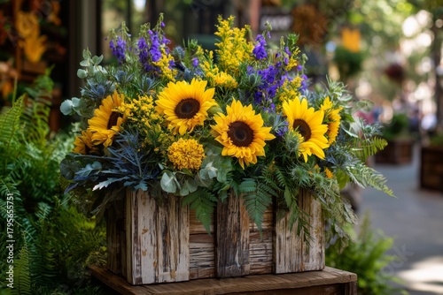 Bright Sunflowers and Colorful Blooms in a Wooden Crate Display on a Sunny Day
