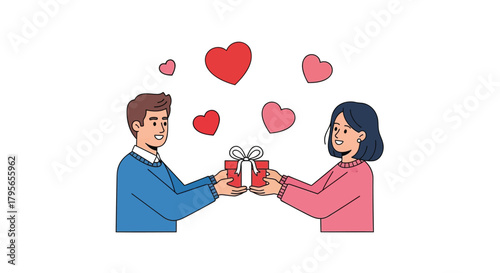 A man and a woman exchange a gift surrounded by floating hearts symbolizing love and affection