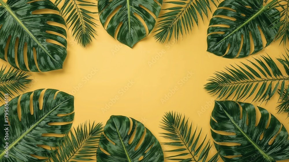 Obraz premium Lush green tropical leaves arranged around the edges on a yellow background, creating a vibrant tropical vibe.