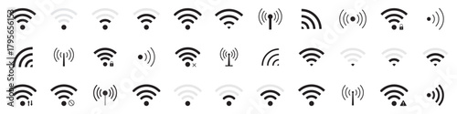 Wifi signals. Collection of wireless signal icons. Set of signs for connect of network. Bar of satellites for mobile, radio, computer. Hotspot, strength electronic wave from antenna for communication.