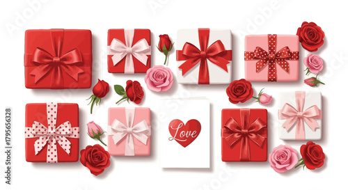 A romantic assortment of valentine s day gifts featuring red and pink roses and wrapped presents