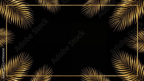 Frame with gold palm leaves on a black background.
