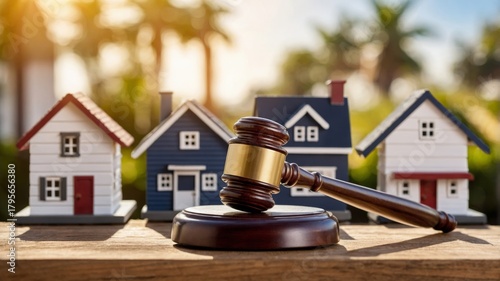 Gavel near houses representing real estate law and auction