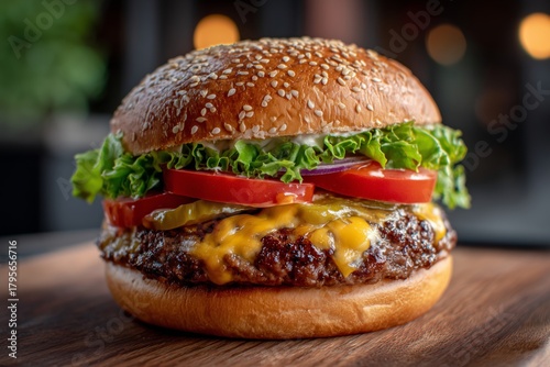 Juicy Cheeseburger With Fresh Ingredients Served on a Sesame Seed Bun