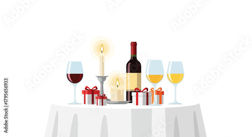 Romantic candlelit dinner setup with wine gifts and festive ambiance for two