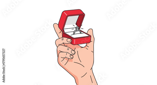 A hand holds open a red ring box revealing a sparkling diamond engagement ring