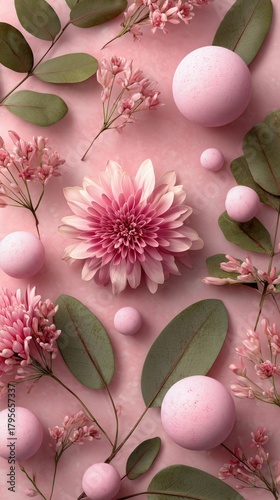 Pink Floral Arrangement With Spheres and Leaves on a Soft Background