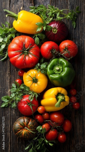 Fresh Vegetables on a Wooden Table With Herbs Adding Color and Texture