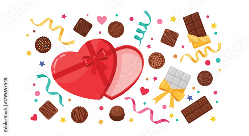 A vibrant assortment of chocolates and festive ribbons scattered around an open heart shaped gift box