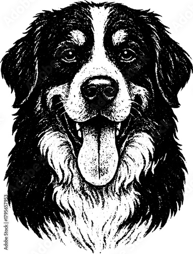 Bernese Mountain Dog in retro xerography halftone engraving style with deep grain and bold contrast, isolated on transparent