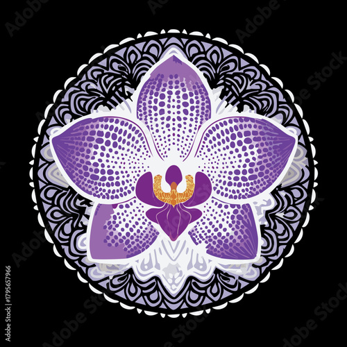 Intricate Mandala Design of a Beautiful Purple Orchid Flower Plants