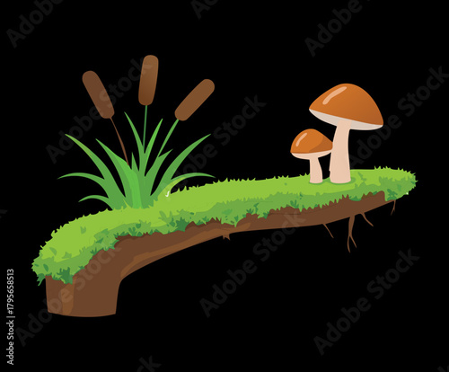 Simple Plant Illustration of Cattails, Mushrooms, and Grass Growing on a Damp Log or Ground