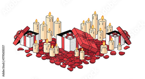 Romantic celebration with gifts and candles surrounded by red rose petals for valentine s day or anniversary