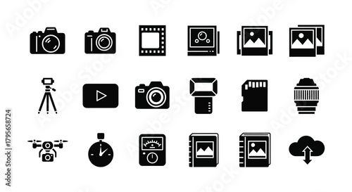 Collection of black photography icons depicting cameras lenses and related tools