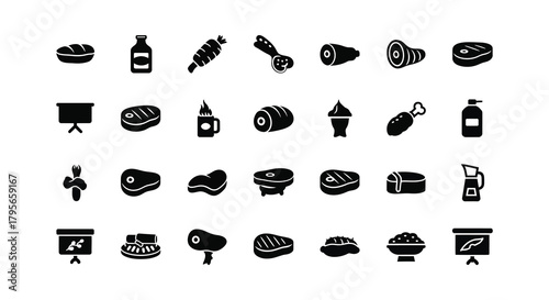 Collection of various meat and seafood icons in a flat design style