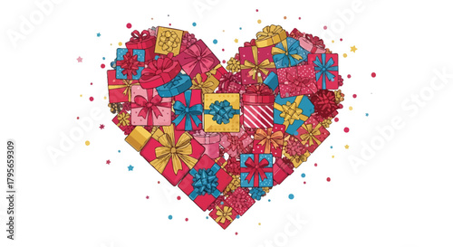 A heart shaped arrangement of colorful gift boxes tied with ribbons and bows surrounded by confetti