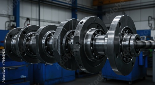 Detailed industrial photo of a large, precision-machined steel crankshaft, highlighting its bearings and counterweights in a mechanical workshop setting ,steel ,closeup ,component