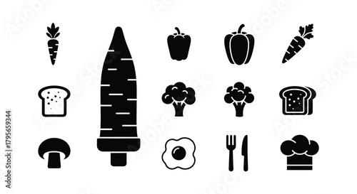 Black and white illustration of various food items and cooking elements