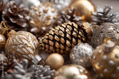 Decorative Golden and Silver Ornaments in a Warm Display for Festive Occasions