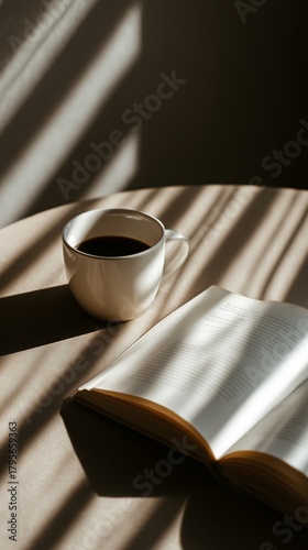 Warm Cup of Coffee Beside an Open Book on a Table With Soft Shadows in the Af...