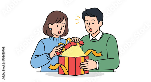 Couple s astonished reaction to opening a brightly glowing surprise gift box together