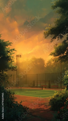 Beautiful Sunset Over a Tennis Court Surrounded by Trees and Flowers in a Ser...