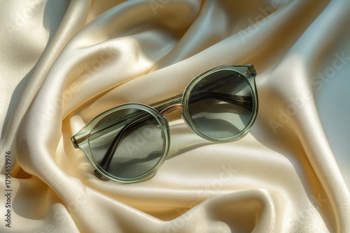 Stylish Green Sunglasses Resting on Smooth Cream Fabric in Soft Lighting