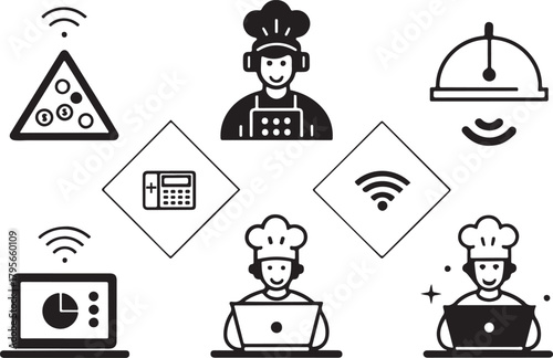 Smart kitchen and E-Commerce icon set. Online service, remote cooking, digital food service.