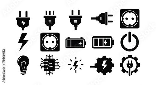 Diverse electrical symbols and icons representing power energy and connectivity