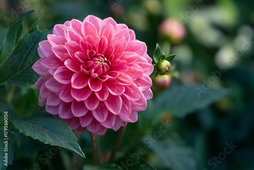 Beautiful Pink Dahlia Blooms in a Serene Garden Setting During Golden Hour Light