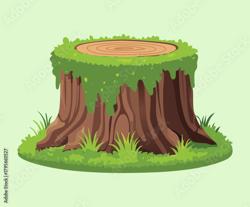 Large Plant Tree Stump Covered in Moss and Grass Vector Illustration for Natural Outdoor Landscape Elements
